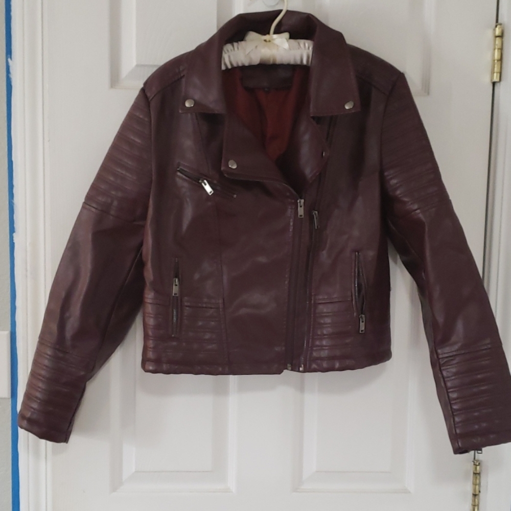 Maroon PU leather moto jacket